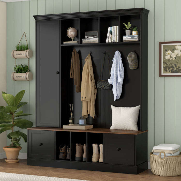 Hall Tree With Shoe Storage Bench, Entryway Coat Rack With 5 Hooks