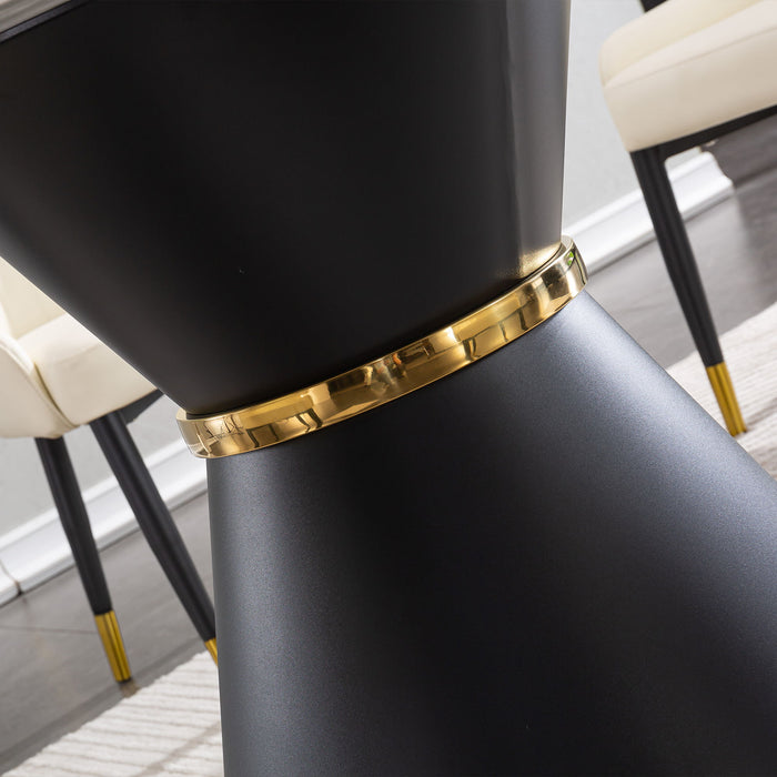 Marble Printed Round Dining Table - Black Columnar Base With Gold Annulus Not Including Chairs - Black