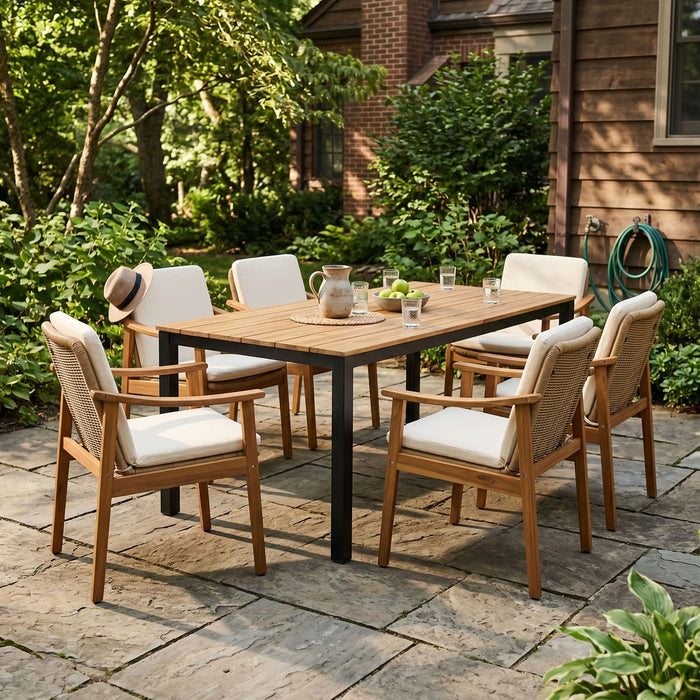 7 Piece Outdoor Patio Dining Set With & 6 Arm Chairs
