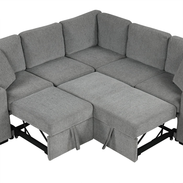 Sectional Sofa Convertible Pull-Out Bed With Storage Ottoman & USB Ports