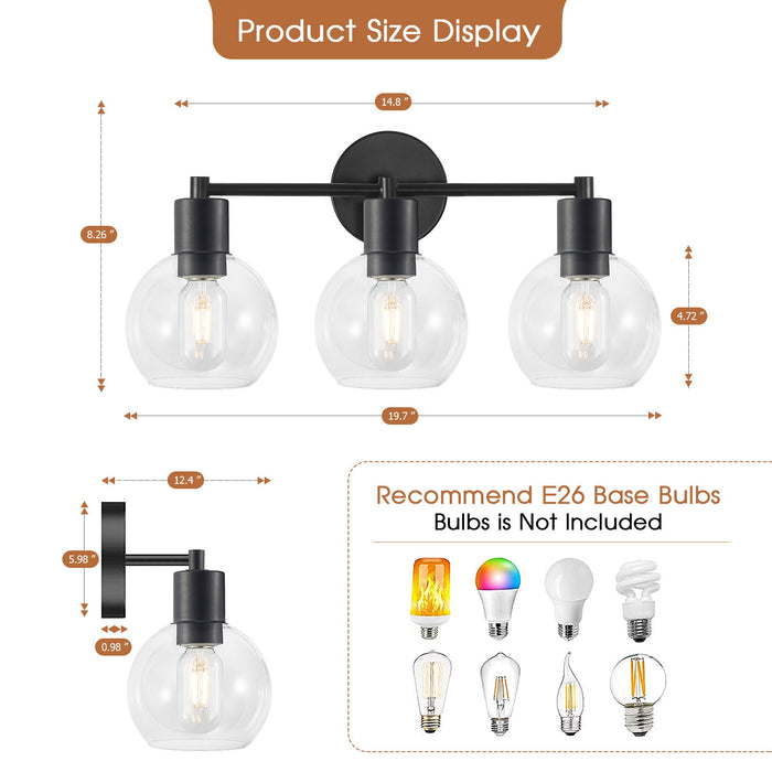 3 Light Globe Bathroom Vanity Light With Clear Glass Shades - Black