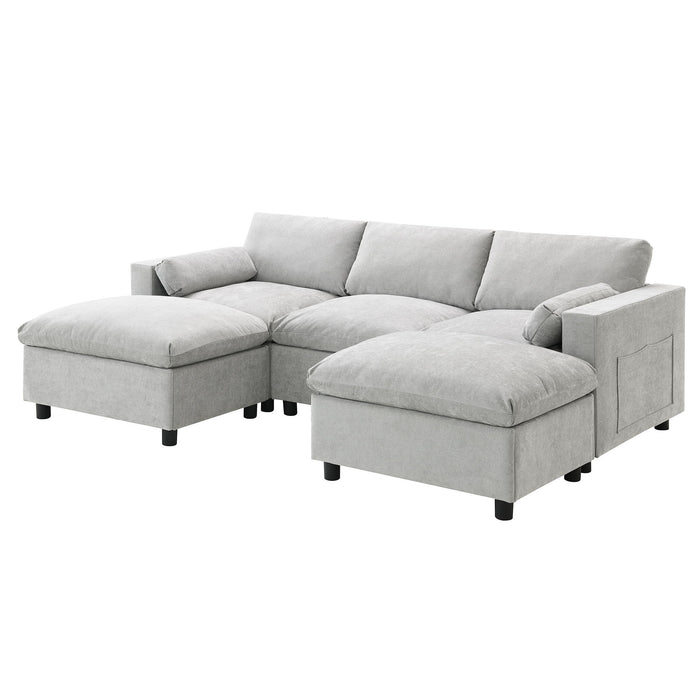 Modular Sectional With Storage Pockets, 5 Seat U Shaped Couch Set With Pillows, Free Combination Modern Cloud Sofa With 2 Movable Ottoman