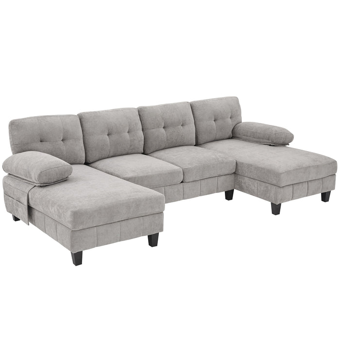 U-Shaped Sectional Sofa 103.5" Black Chenille Fabric Couch With Dual Chaise Lounges, Storage Pockets, Armrest Pillows