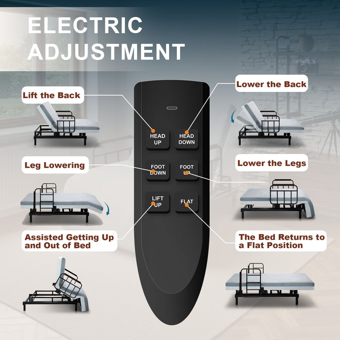 Electric Lift Bed For Seniors With Remote Control, Memory Foam Mattress, Safety Rails & Detachable Tray - Black / Gray