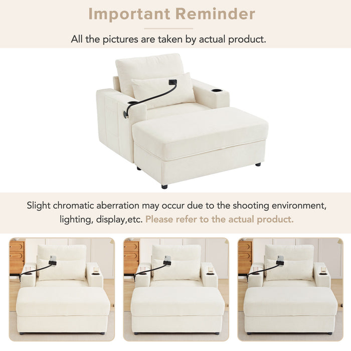 Modern Style Armchair Chaise Lounge Sofa Couch With Movable Storage Ottoman, USB Ports, Cup Holders, Phone Holder, Side Pockets