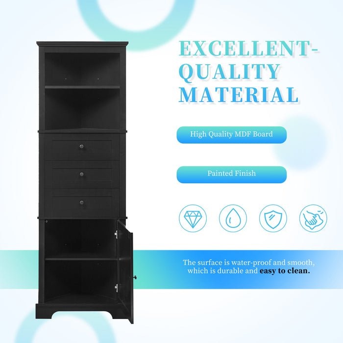 Tall Storage Cabinet With 3 Drawers And Adjustable Shelves For Bathroom