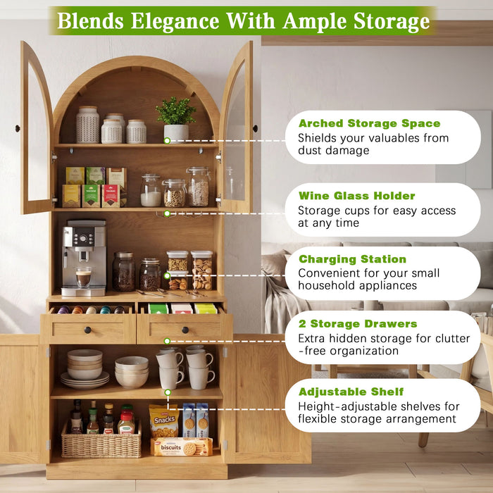 Tall Arched Pantry Cabinet With Charging Station, Adjustable Shelves, Coffee Bar