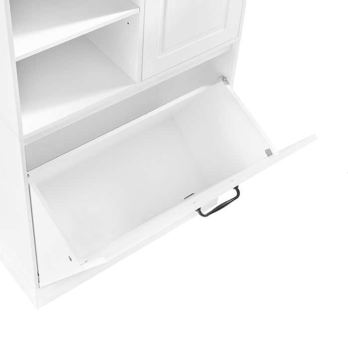 Modern Tall Storage Cabinet With Adjustable Shelves, Flip-Out Basket & Enclosed Doors