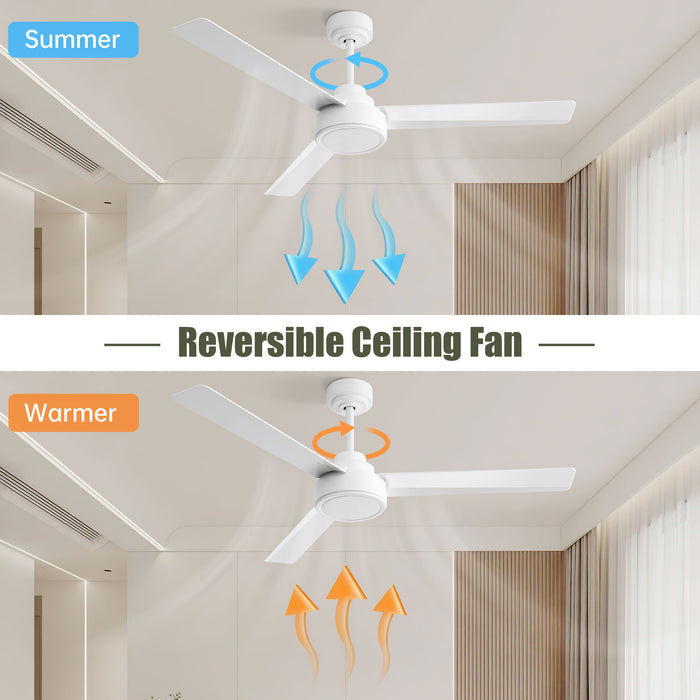 52" Ceiling Fan With Remote Control, 3 Blades, DC Motor, 6 Speed Reversible For Living Room - White