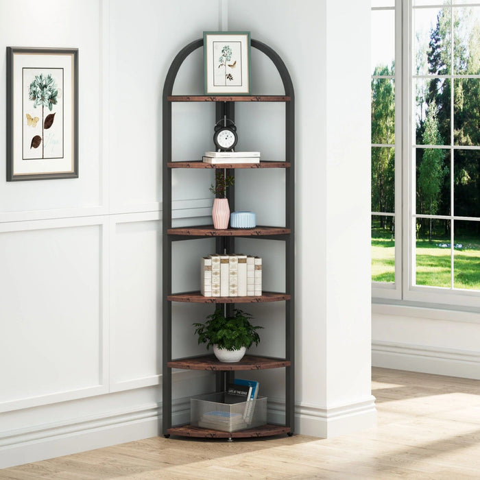 Tall 6 Tier Corner Shelf, Freestanding Bookshelf For Living Room - Rustic Brown