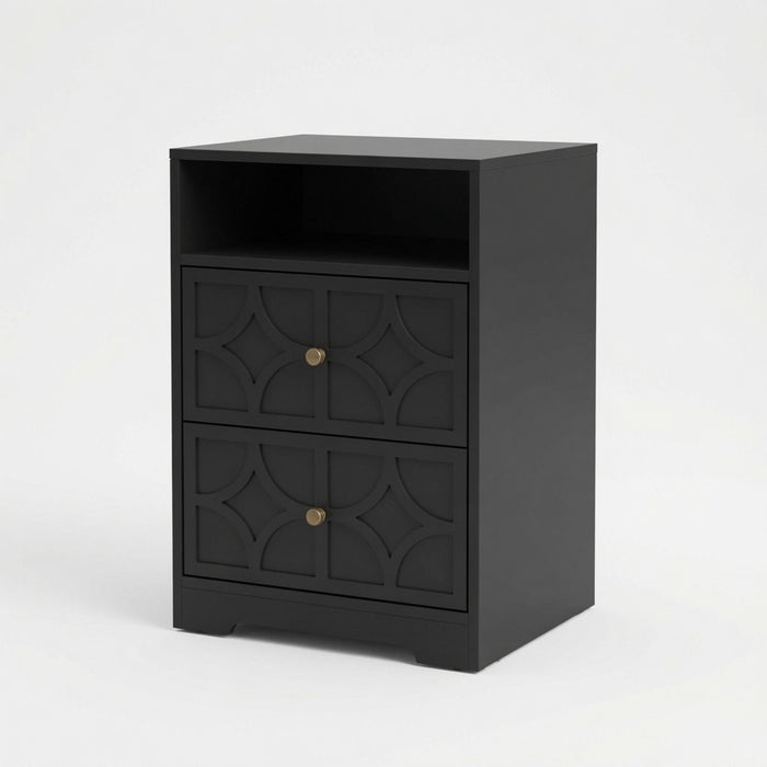 Nightstand With Diamond Carvings Handles, 2 Drawers & Charging Station