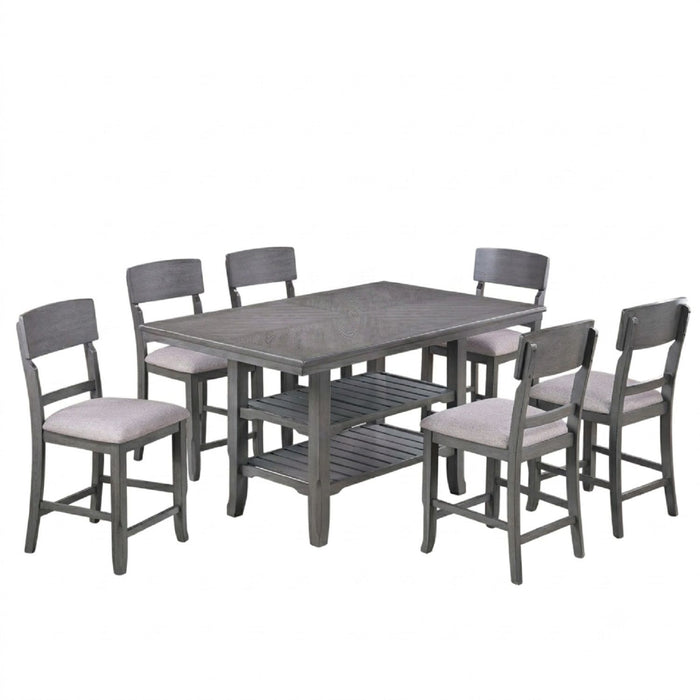 7 Piece Counter Height Dining Set With Storage Shelves, Table & 6 High Chairs - Gray