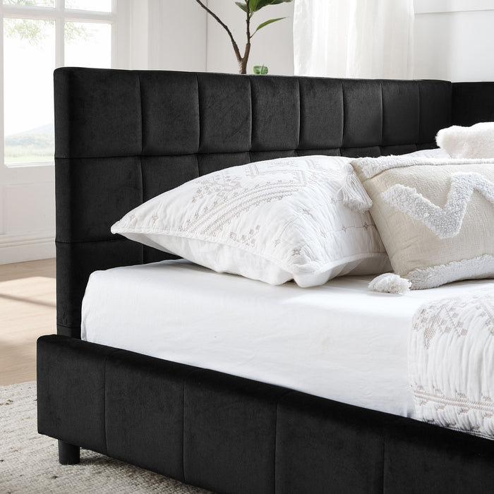 Mid-Century Storage Upholstered Tufted Bed Frame With Backrest And Armrests