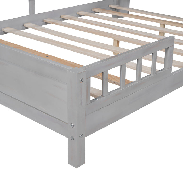 Wood Platform Bed With Built In LED Light, Storage Headboard And Guardrail