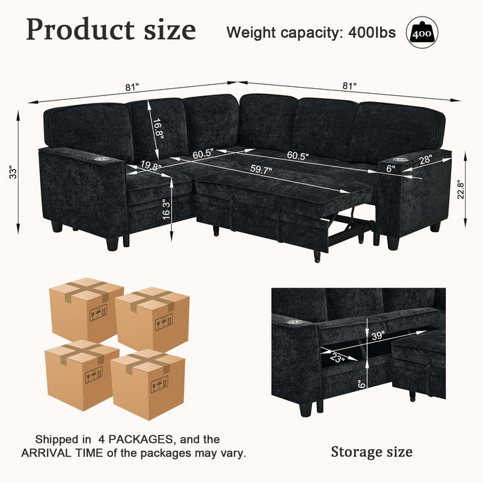 L-Shaped Sofa With Pull Out Sofa Bed With USB