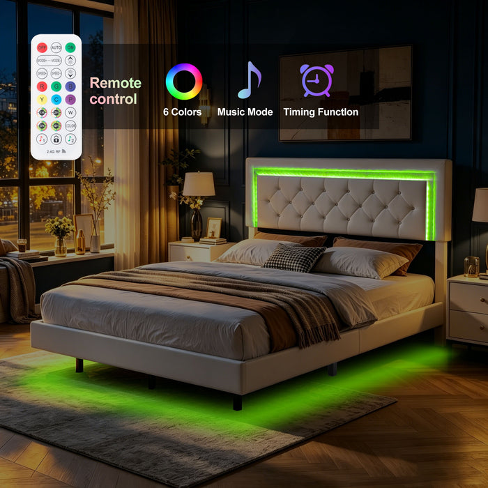 Platform Bed Frame With Adjustable Upholstered Headboard, RGB LED Lights, No Box Spring Needed