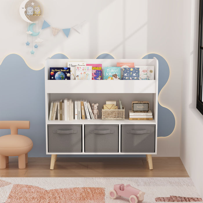 Bookshelf With 3 Bins, Storage Shelf For Toys And Books - White
