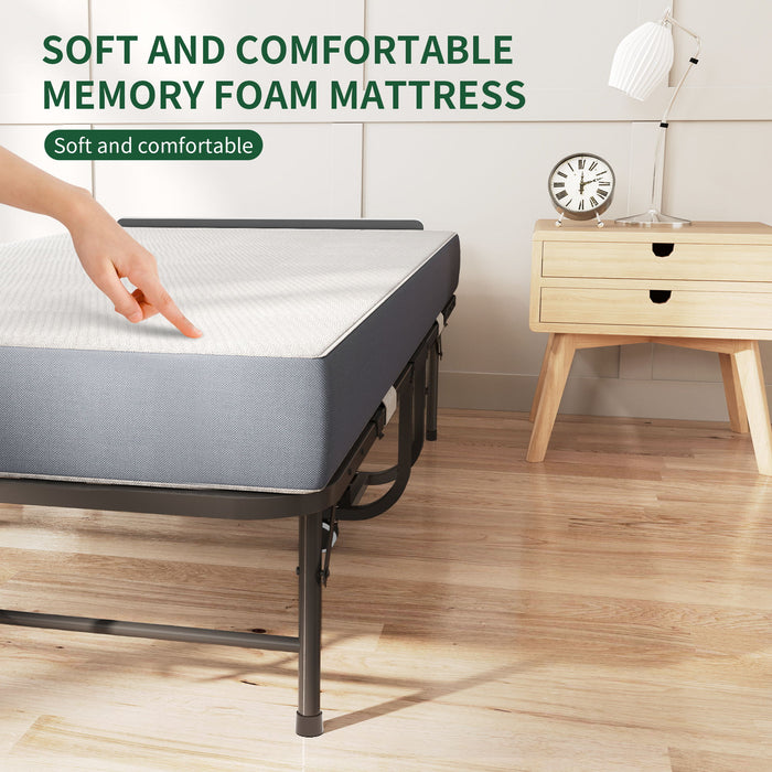 Twin Folding Bed With Adjustable Headboard & Memory Foam, Space Saving Rollaway Guest For Tall People, Portable On Wheels, Easy Assembly - Black