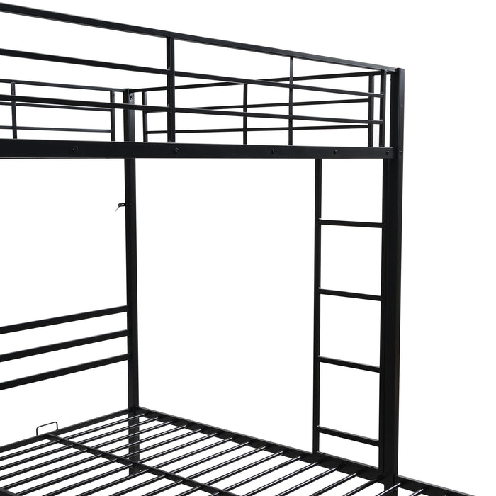Modern Metal Triple Bunk Bed With Vertical Ladder, Safety Rail, And Storage Shelf - Black