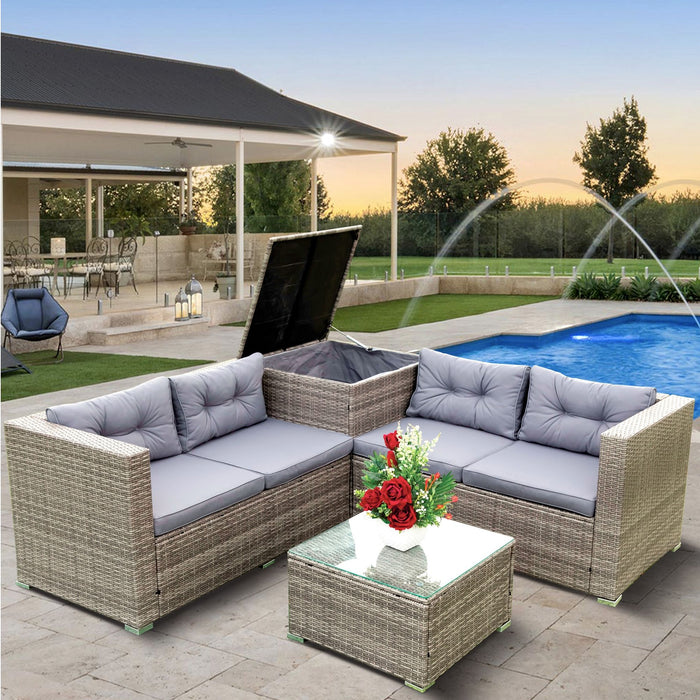 4 Piece Patio Sectional Wicker Rattan Outdoor Furniture Sofa Set With Storage Box