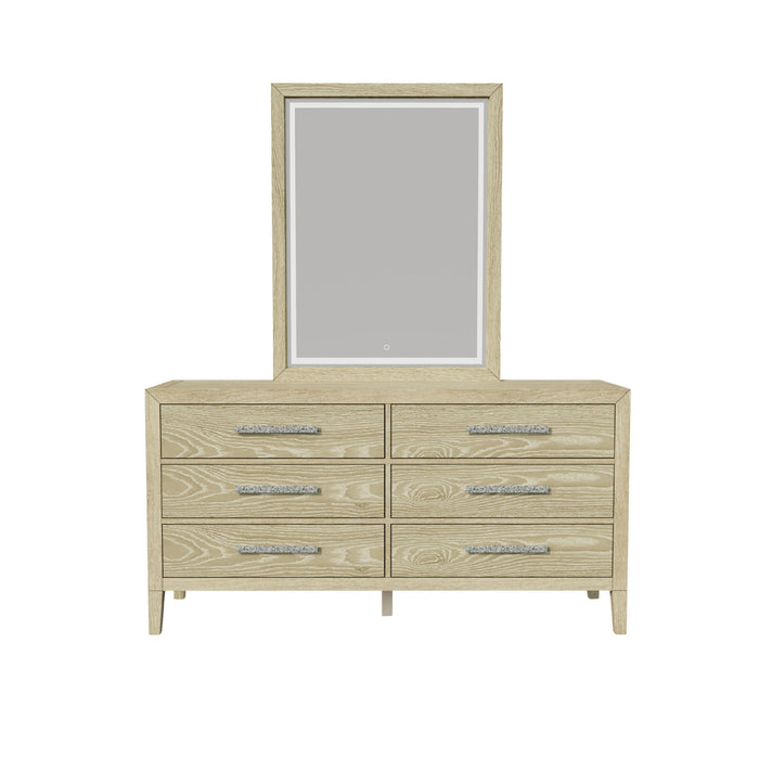 Adeline - 6 Drawers Dresser & Mirror With Jewelry Box & LED Light - Natural Wood Wash