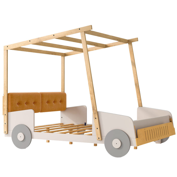 Twin Size Car Bed & Pillow, Ceiling Cloth And LED - Natural