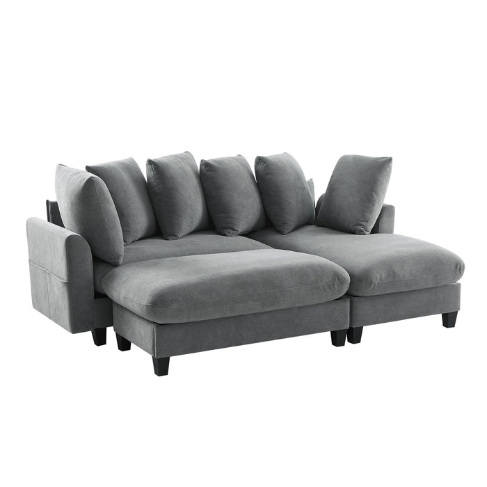 Upholstered L Shaped Sectional Sofa With Storage, Movable Ottoman, And 6 Throw Pillows