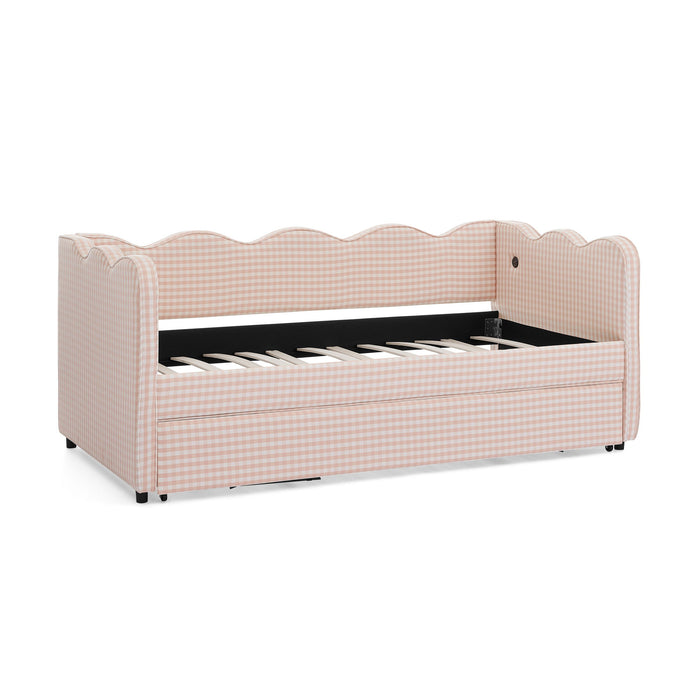 Gingham Daybed With USB Charging Port, Wave Shaped Design
