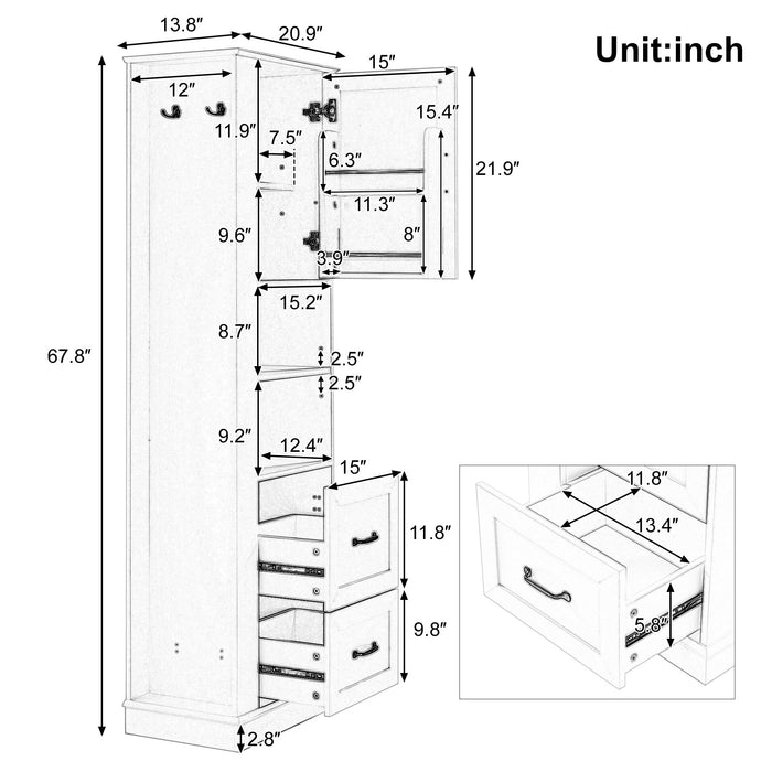 Freestanding Bathroom Storage Cabinet With Adjustable Shelves And Side Hooks Board, Rectangle Design