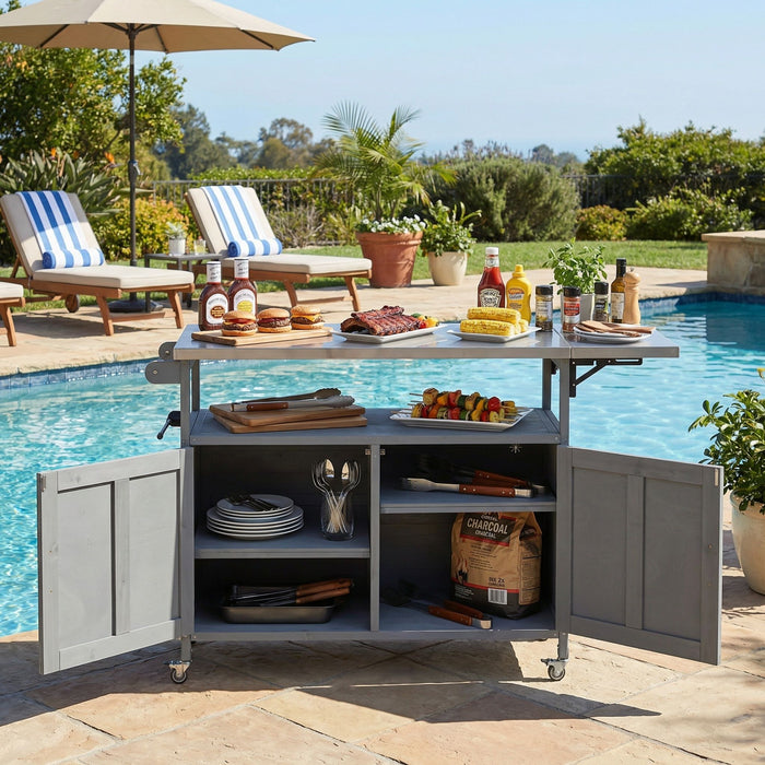 Foldable Outdoor Kitchen Island With Lockable Wheels, Storage Cabinet And Towel Rack For Patio