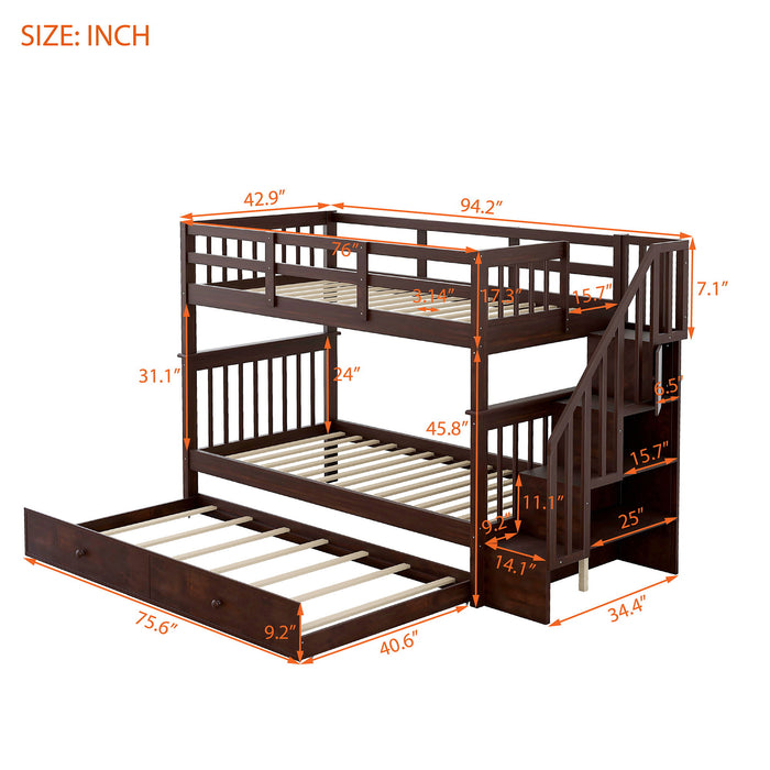 Stairway Bunk Bed With Storage And Guard Rail For Bedroom