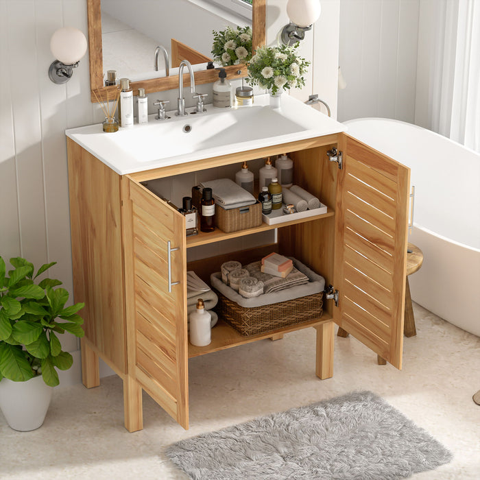 Bathroom Vanity With Ceramic Sink, Freestanding Cabinet - Antique Natural / Brown