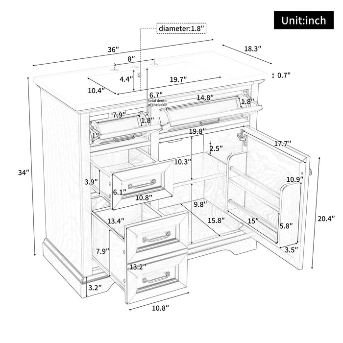 Modern Bathroom Vanity With Sink Top, 4 Drawers And 1 Soft-Close Door