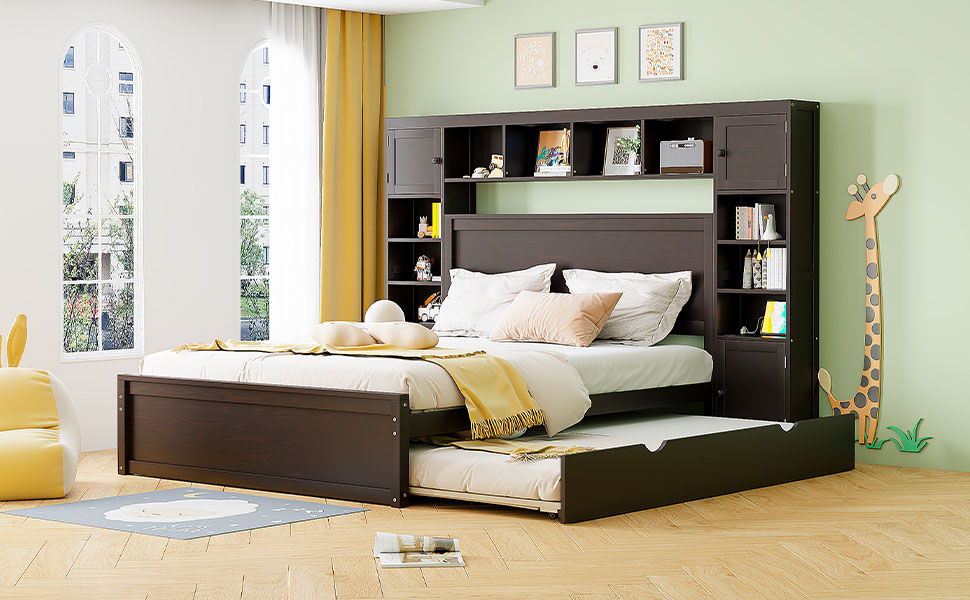 Bed With All In One Cabinet, Shelf And Sockets, Twin Long Trundle