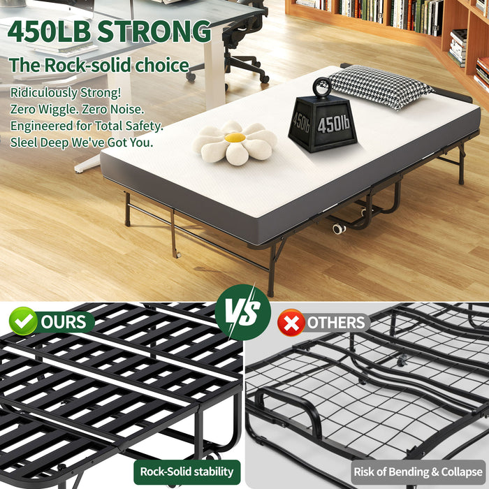 Twin Extra Long Folding Bed With Adjustable Headboard, Cot With Memory Foam Mattress - Black