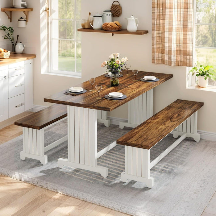 3 Piece Dining Table Set For 2 - 4, With Space Saving Benches - Brown / White