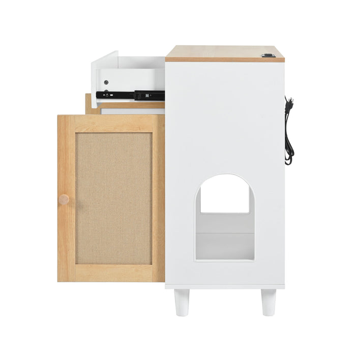 Pet Friendly Furniture Style Cat Litter Box House With Sisal Scratching Door And Charging Socket - Beige / White