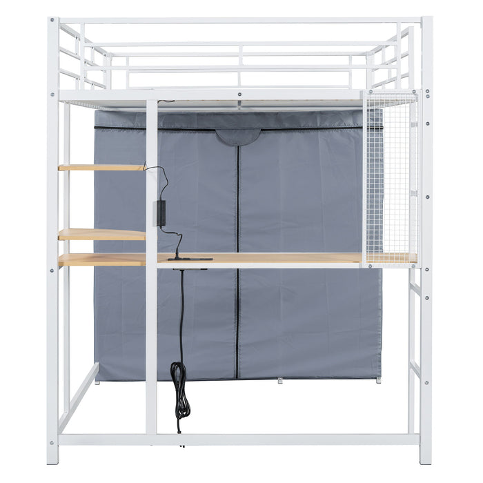 Loft Bed With Desk, Shelves, Power Outlet, LED Light And Wardrobe