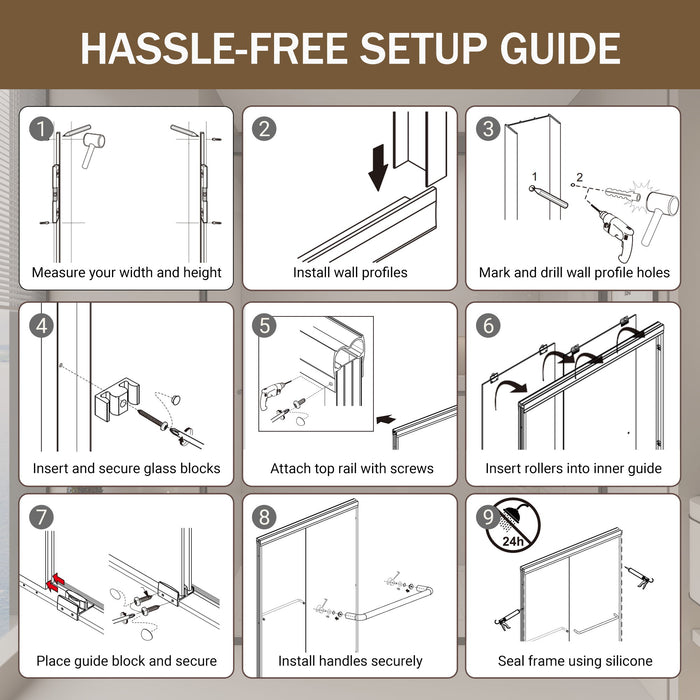 Double Sliding Shower Door, Semi-Frameless Bypass Bathroom Sliding Door With 1/4" (6 Mm) Tempered Glass For Walk-In Shower
