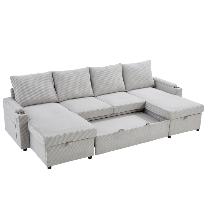 U Shaped Sectional Sofa Bed With Storage Chaise Lounges, USB Ports, And Cup Holders