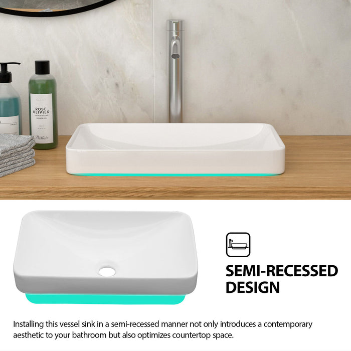 Semi Recessed Bathroom Sink With Countertop Vessel Design, 19" X 12" - White