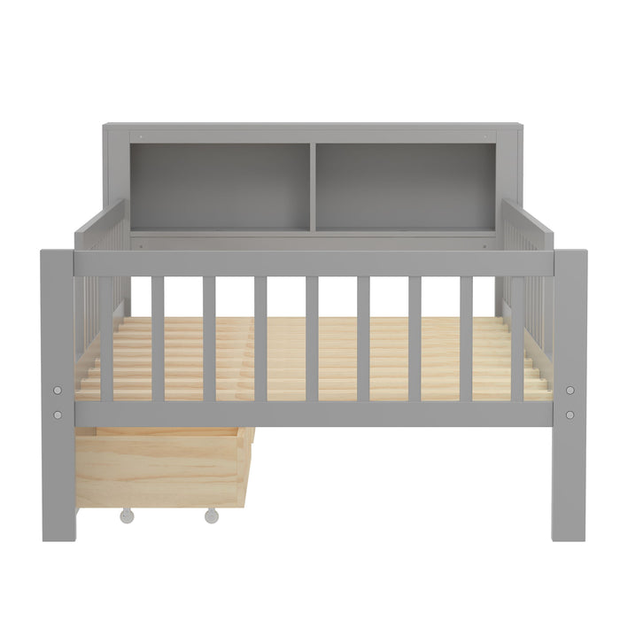 Bed With Headboard Storage Rack, 2 Under Bed Drawers, 3 Side Guardrails For Safety