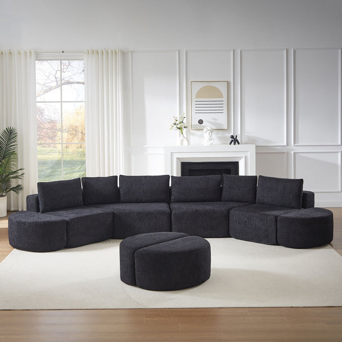 Modular Sectional Sofa With 6 Pillows And 4 Curved Footstools For Living Rooms - Black