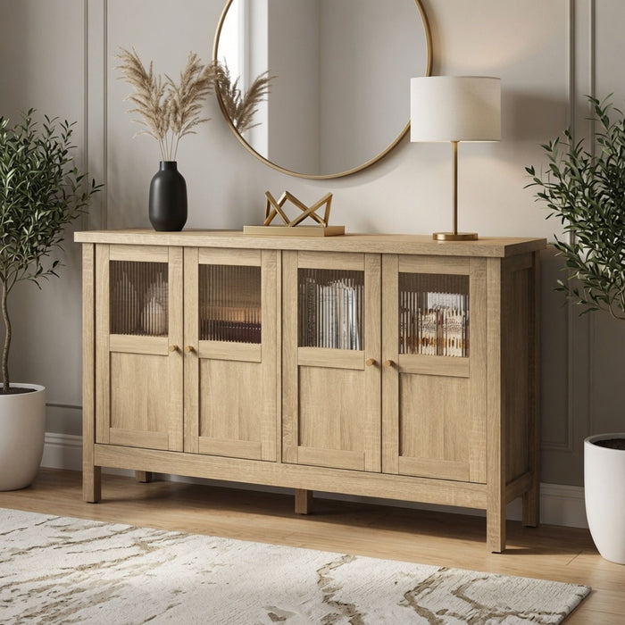 Buffet Cabinet With 4 Doors, Adjustable Shelves Handles - Natural