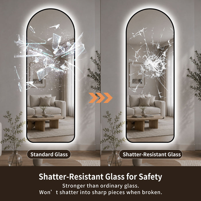 65" X 24" Arched LED Full Length Mirror With Frame, 3 Color Temperatures & Stepless Dimming - Black