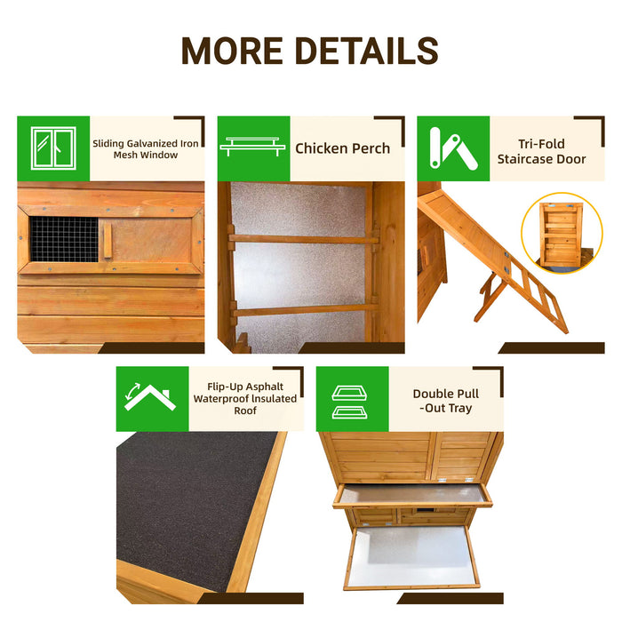 Chicken Coop, Large Chicken Coop With 3 Nesting Boxes, Foldable Ramp And Flip Up Asphalt Roof - Orange
