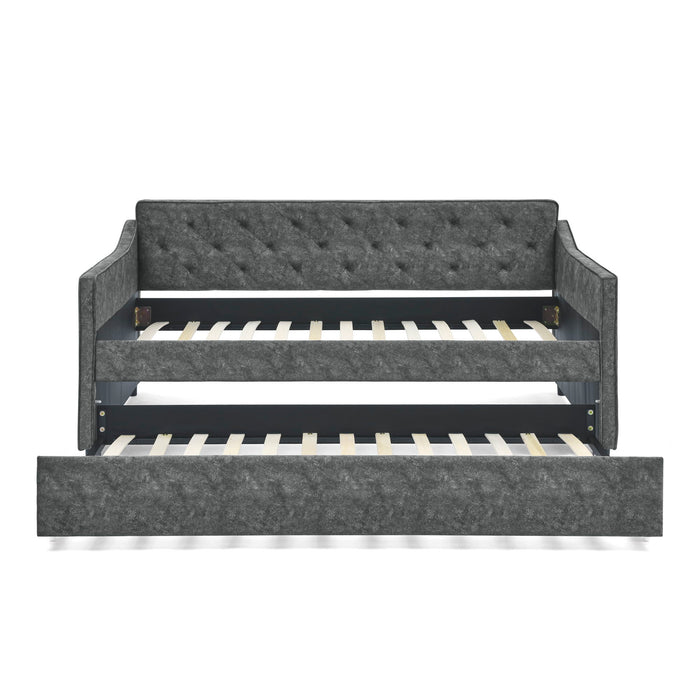 Twin Upholstered Daybed With Trundle, Waved Arms - Gray