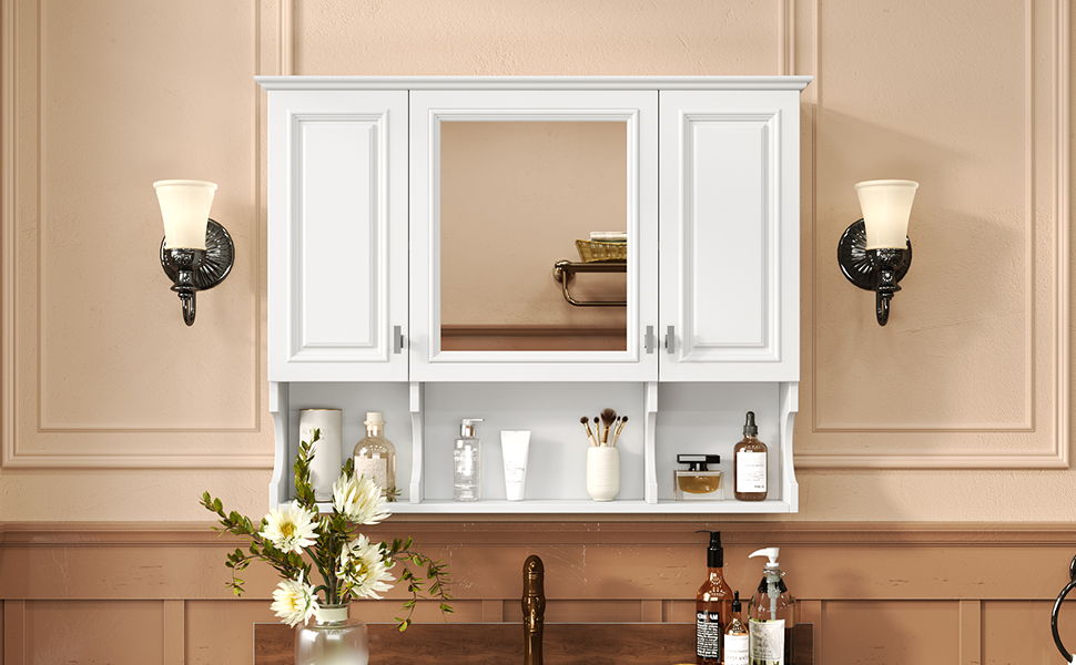 Wall Mounted Bathroom Medicine Wall Cabinet With Mirror & Open Shelves