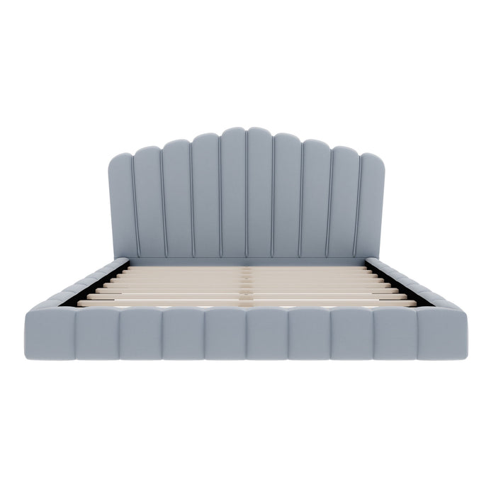 Queen Upholstered Bed Frame With Shell Shaped Headboard - Light Blue - Light Blue