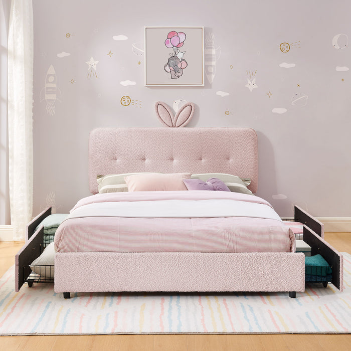 Upholstered Bed With Oversized Rabbit Ear Headboard, LED Lights & 4 Storage Drawers